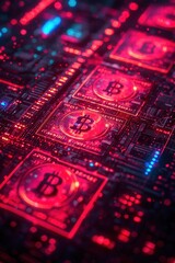 Futuristic glowing Bitcoin chips integrated into a high-tech circuit board, symbolizing blockchain technology, cryptocurrency, and digital finance