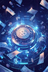 Futuristic digital currency concept with glowing Bitcoin symbol, floating banknotes, and a high-tech cyber interface, representing blockchain and financial innovation