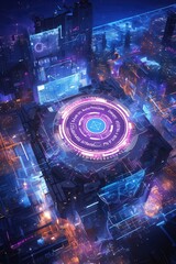 Futuristic high-tech cityscape with a glowing circular digital hub, symbolizing advanced technology, artificial intelligence, and cyberspace innovation