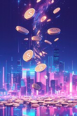 Futuristic cityscape with glowing skyscrapers and golden coins floating in the air, symbolizing digital finance, cryptocurrency, and economic growth