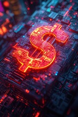 Glowing neon dollar sign on a futuristic circuit board, symbolizing digital finance, cryptocurrency, and the technological evolution of the economy