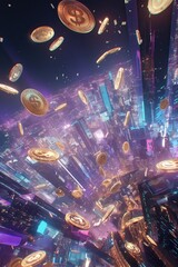 Futuristic cyberpunk cityscape with towering skyscrapers, glowing neon lights, and floating golden coins, symbolizing digital finance and virtual economy