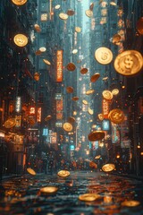 Futuristic cyberpunk city with glowing neon lights and golden coins floating in the air, creating a surreal blend of technology, finance, and dystopian aesthetics