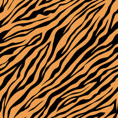 seamless pattern features bold black tiger stripes on an orange background, creating an exotic and striking design perfect for textiles, wallpapers, and decorative purposes