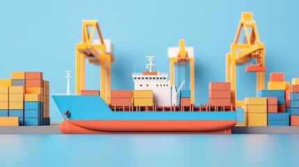 Fototapeta premium Colorful cargo ship model at port gigapixel scale industrial environment top-down view maritime concept