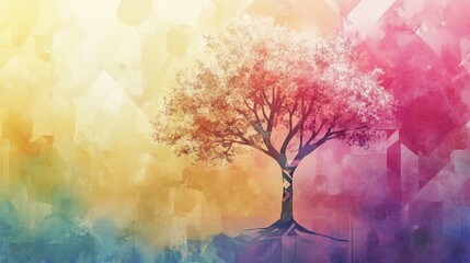 A Tree with Watercolor Gradients and Geometric Patterns Against a Colorful Backdrop
