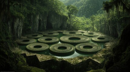 Fototapeta premium Tranquil Pond with Circular Ripples Forming Fibonacci Patterns Surrounded by Lush Green Nature