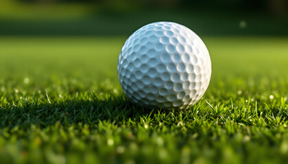 Golf ball is resting on green grass. Title Golf ball on green grass. Suitable for golf course promotions, sports blogs, or golfthemed designs. Bright, dynamic, and active.