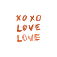 Set of love xo calligraphy phrases drawn with red crayons. Romantic lettering. Childish style hand drawn pencil calligraphy. Valentines day typography 