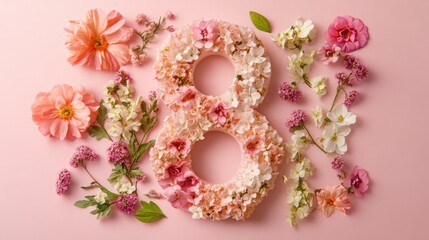 Floral composition featuring the number eight arranged for International Women's Day on March 8