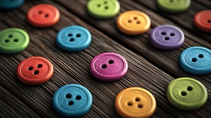 Fototapeta premium Vibrant Buttons Displayed on Rustic Wood Surface