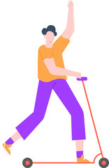 Young man with an orange t shirt and purple trousers is riding a kick scooter while waving with one hand, isolated vector illustration on white background