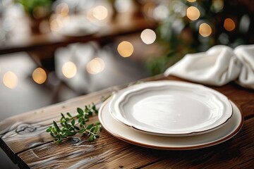 Elegant table setting with white plates and fresh herbs on wooden table with bokeh lights. Christmas dinner, Thanksgiving, Easter, wedding reception layout