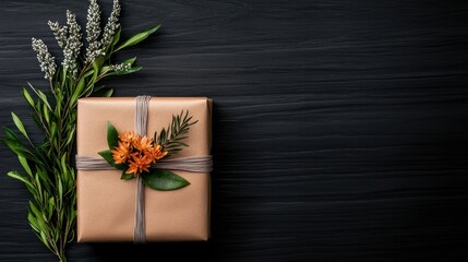 Gift Box Decorated with Flowers on Dark Wood