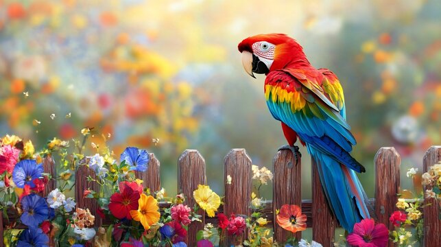 Colorful Parrot on a Fence Surrounded by Flowers
