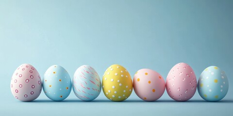 Colorful decorative eggs arranged on a light blue background for spring celebrations and festivities