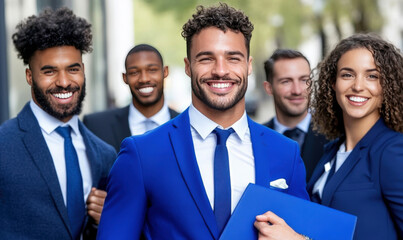 Group of Young Business Professionals Smiling Outdoors in Urban Setting, Representing Diversity, Teamwork, and Success in Modern Corporate Environment