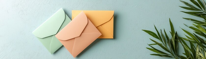 A serene arrangement of pastel envelopes set against a soft background, accentuated by greenery, evoking a sense of calm and creativity.