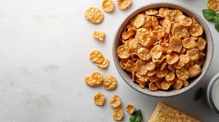 Fototapeta premium Minimalist display of cereal box and bowl on a bright white surface