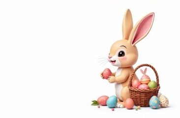 This illustration, on the left, on a white background, features a stylish Easter bunny with a basket of elegant Easter eggs, with plenty of space for text on the right