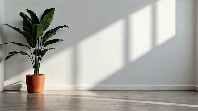 Large potted plant sits in the middle of a bare, white room. The plant is tall and green, and it casts a shadow on the floor. The room is empty and has no furniture, giving it a minimalist