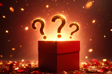 Mystery boxes and surprise boxes with glowing lights and question marks. The background has a gradient of warm red shades.