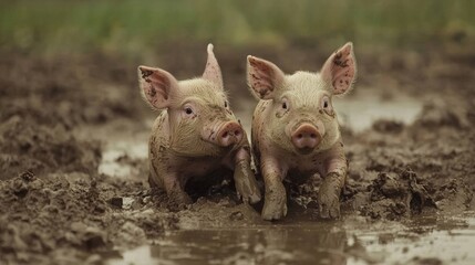 Piglets Playing in a Muddy Field