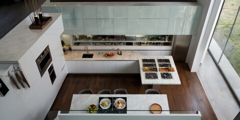 Modern White Kitchen Island with Marble Countertops and Built in Cooktop