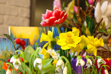 Original flowers made of polymer clay. The most realistic display. Soft focus. Close-up.