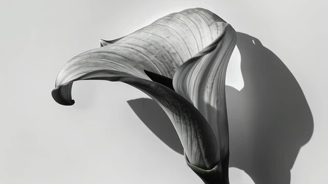 Sleek grey calla lily flower casting soft shadows on bright white background