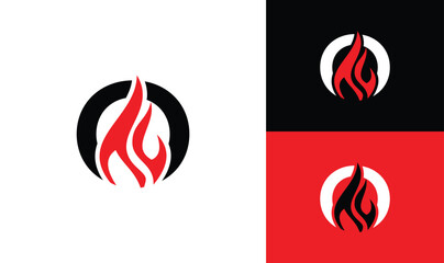 Fiery Circle Logo: A dynamic and modern logo design featuring a stylized flame inside a circular frame.  The logo is presented in three color variations: black and red on white, white on black.