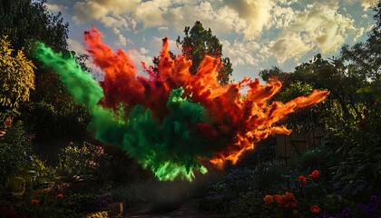 A colorful mix of red green and orange Holi powder creating a vivid cloud hovering above a garden