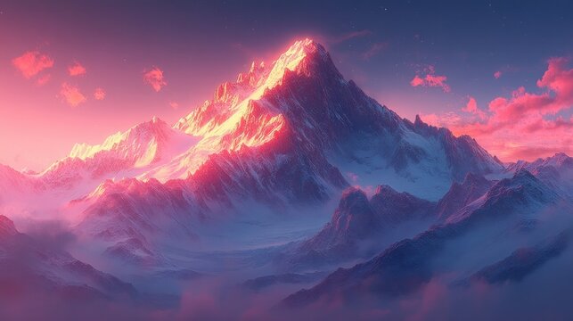 Majestic mountain peak glows at dawn, with pink clouds and mist-shrouded valleys.  Possible use Inspirational poster