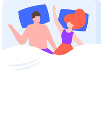 Obraz premium Young romantic couple sleeping together in bed with arms raised, enjoying a peaceful night s sleep, dreaming in their pajamas, isolated vector illustration