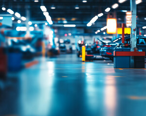 Blurry view of a modern car workshop with vehicles, representing automotive maintenance, production, and industrial factory operations