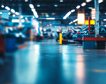Blurry view of a modern car workshop with vehicles, representing automotive maintenance, production, and industrial factory operations