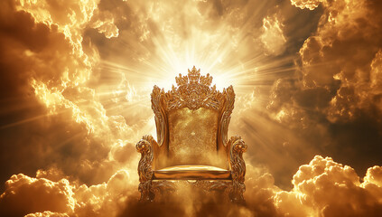 Golden throne chair with clouds and heaven background