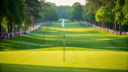 Fototapeta premium Majestic Golf Course with Flags and View of Lush Green Landscape at Sunset