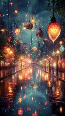 Fototapeta premium Magical street scene at night with glowing lanterns hanging in the air, reflected on a wet road, creating a serene and peaceful atmosphere