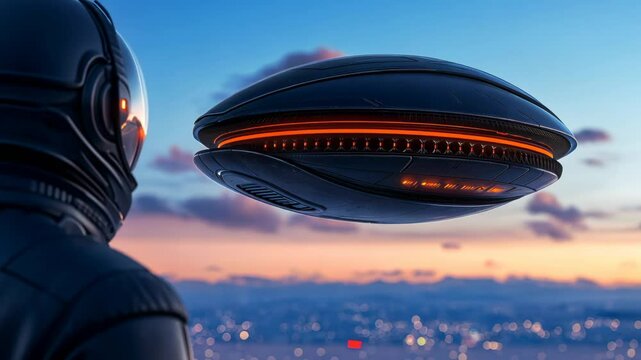 A futuristic astronaut observes a hovering alien spaceship over a glowing cityscape at dusk, creating a sci-fi cinematic scene.