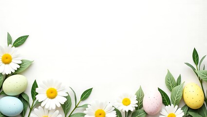 White daisies, green leaves, Easter eggs, pastel colors, spring theme, white textured background