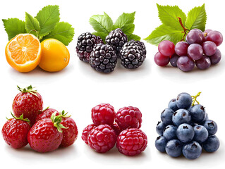Composition of Assorted Berries and Fruits Arranged Artistically on a White Background Showcasing Vibrant Colors and Textures