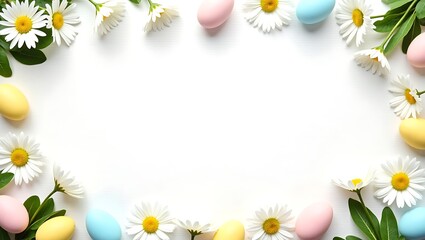 White daisies, green leaves, Easter eggs, pastel colors, spring theme, white textured background