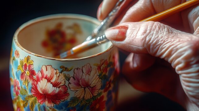 Artist’s Hands Painting Intricate Designs on a Ceramic Mug - Powered by Adobe