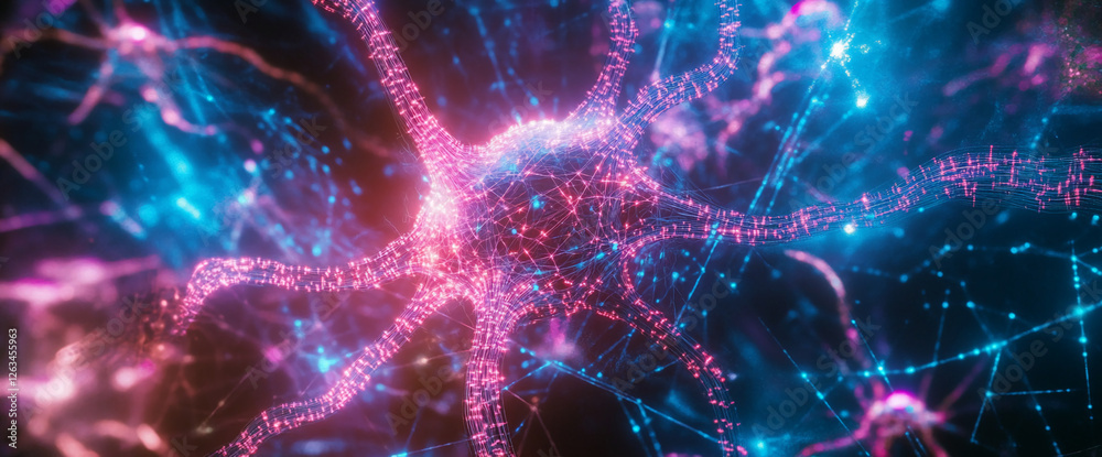 Poster Close-up view of a digital abstract representation of a glowing neural network with interconnected fibers in blue and pink, symbolizing data flow or artificial intelligence in motion.