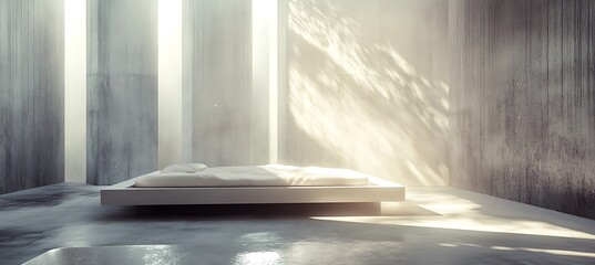 A serene and minimalist bedroom with a floating bed, soft textures, and ambient lighting