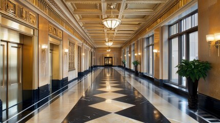 Fototapeta premium Elegant building hallway, city view, marble floor, corporate use