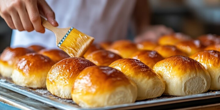 Baker glazing soft brioche bread with egg wash - Powered by Adobe