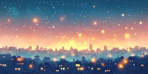 Cityscape glows warmly under starry sky during twilight hours