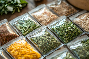 Assorted fresh herbs and spices in sealed packages for culinary use